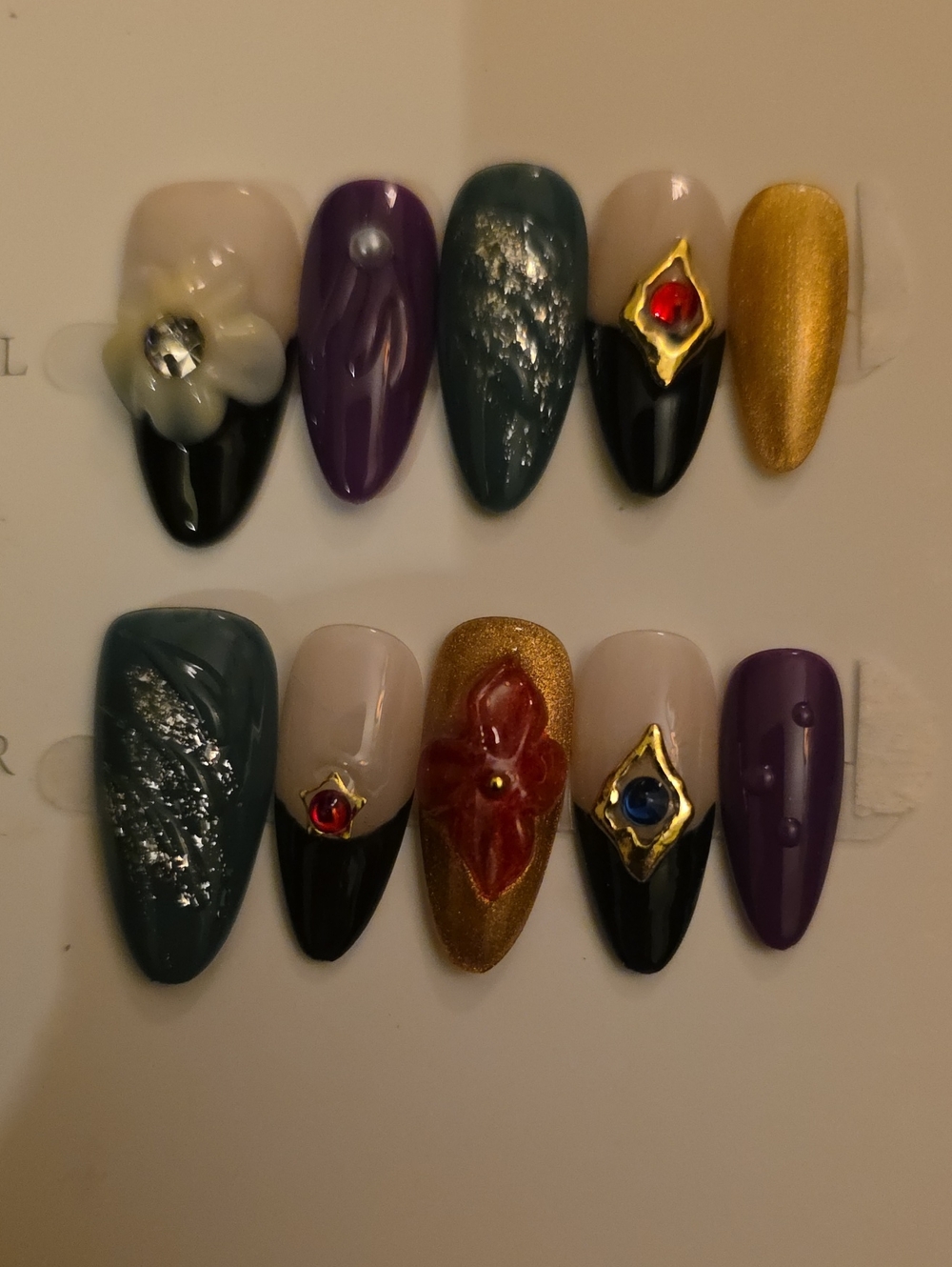Floral & Jewel Accent Press-On Nails - Purple, Teal, Gold, Black Size Med